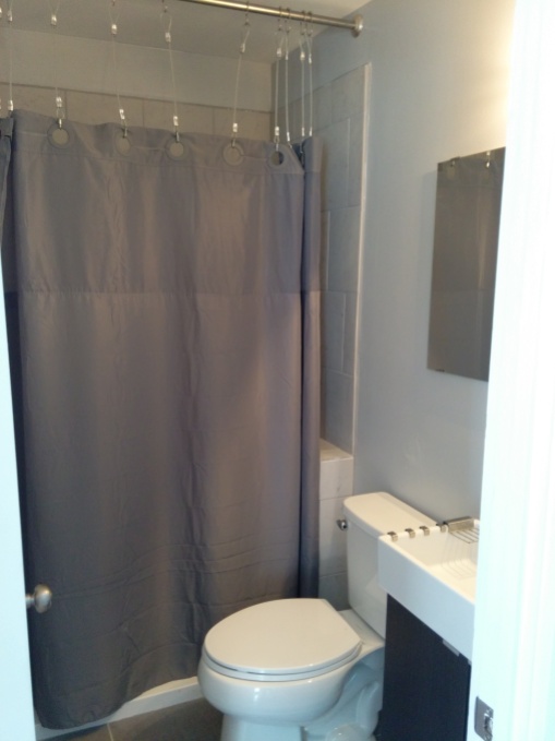 walk in shower with gray curtain, toilet and corner of modern sink